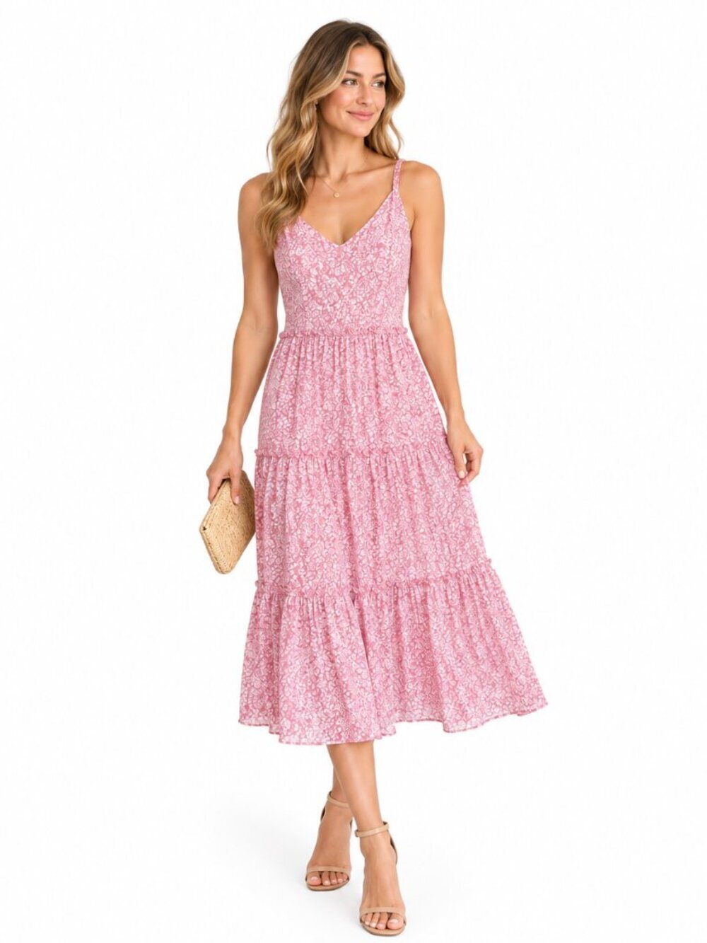 Topshop Womens US 4 Pink Floral V Neck Tiered Midi Dress Summer Wedding Guest